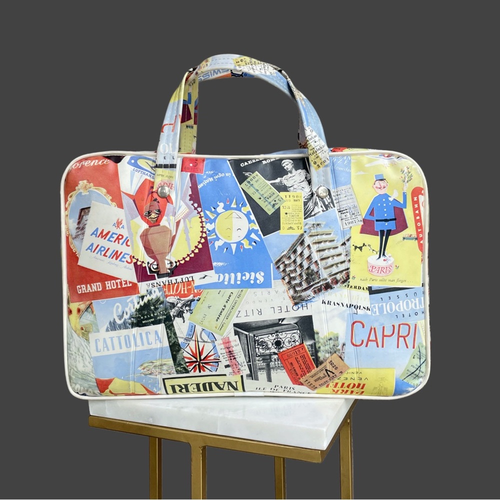 VINTAGE 60s 70s Travel Sticker Stamp Cooler Bag Luggage Style Insulated Bag - Picture 7 of 12